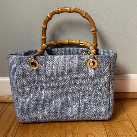 J. McLaughlin Cindy blue tweed bamboo handles handbag Like New - Picture 4 of 14